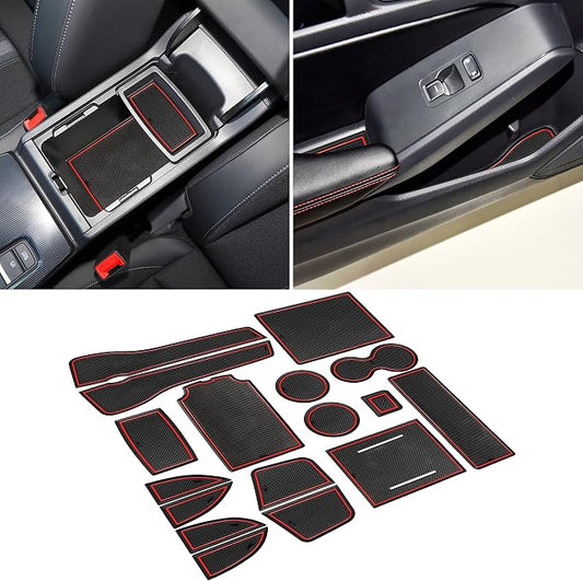for Honda Civic Accessories 2022 2023 2024 2025 2026 11th Gen Sedan Cup Holder Insert Center Console Liner Door Slot Mats Pad Coaster Trim Premium Rubber Custom Interior 17PC Set (Red Trim)