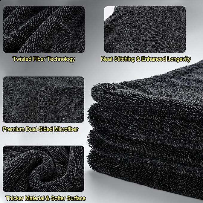 Aodaer 3 Pack Car Drying Towel, 1200GSM Microfiber Towels for Cars | 24 x 36 Inch & 12 x 12 Inch Super Absorbent Detailing Towels Dual Sided Streak-Free Twisted Loop for Auto SUV Truck Boat Home