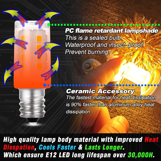 2W C7 E12 LED Himalayan Salt Lamp Bulb 300lm Warm White 2700K 120V, 2 Pack | Candelabra Base, Equivalent 25W-40W, for Night Light Chandelier Christmas Lighting Dryer Refrigerator Bulb, Non-dimmable