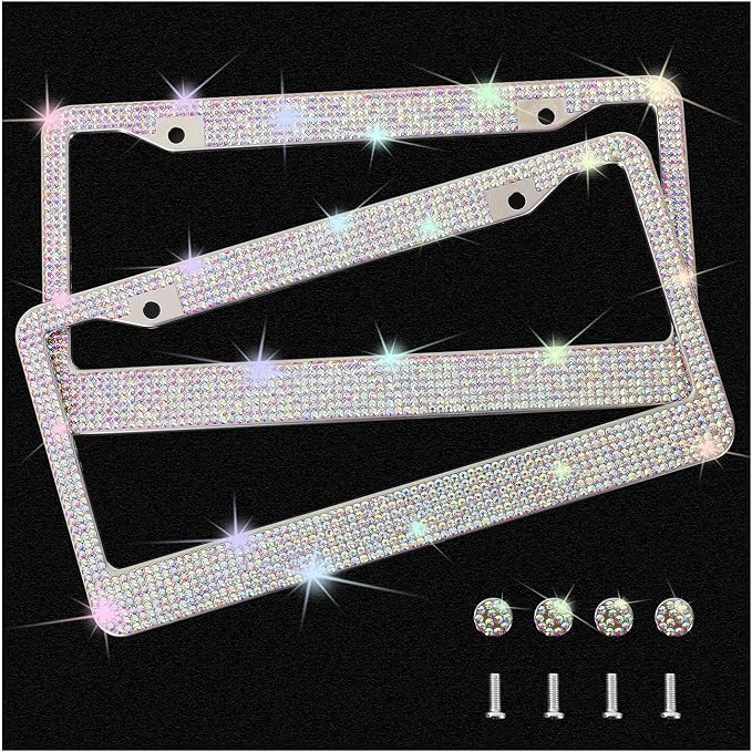 Bling License Plate Frames with High End Ribbon Gift Box,2 Pack Rhinestone License Plate Frame,Handcrafted Crystal Premium Stainless Steel Bling License Plate Frame for Women,Birthday