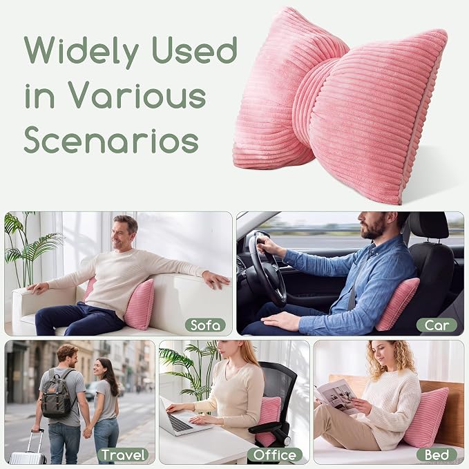 HIGOGOGO Lumbar Support Pillow for Recliner Chair, Bow Knot Shaped Back Support Cushion, Striped Corduroy Soft Decorative Lumbar Pillow for Office Chair, Sofa, Car, Bed, Living Room - Pink