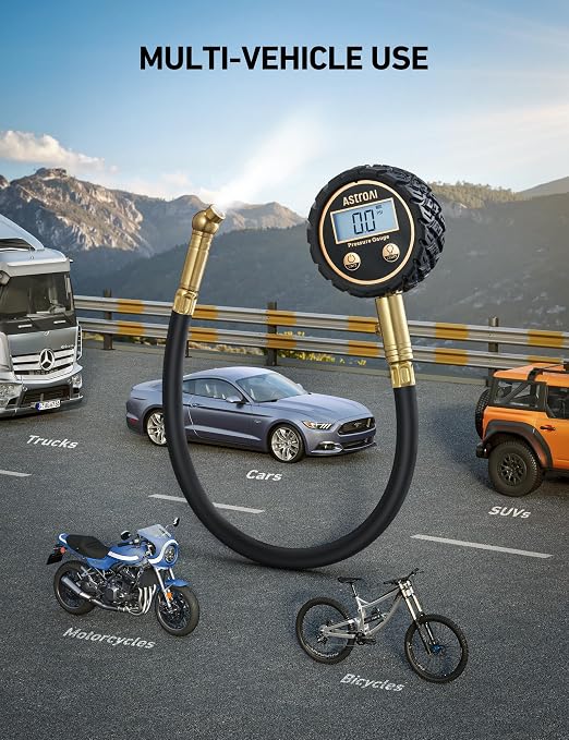 AstroAI Tire Pressure Gauge for Cars with Backlit LED, Solid Brass with Rubber Hose, Air Bleeder Valve, ANSI B40.7 Grade 2A(±0.5%), 3-250PSI