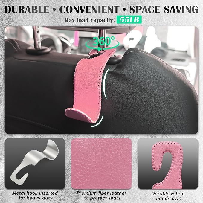 Amooca Car Seat Headrest Hook Universal Vehicle Storage Hanger Leather with Metal Car Seat Back Organizer for Handbag Purse Coat Pink 4 Pack