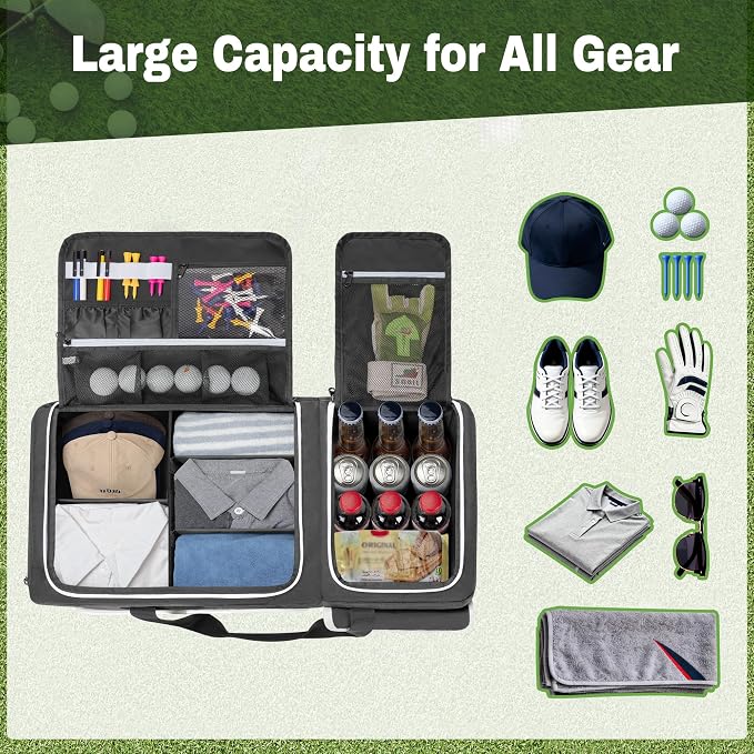 DSLEAF 2 Layer Golf Trunk Organizer, Golf Car Locker for Men & Women, Black | Reinforced Structure, Bottom Shoe Space for 2 Pair of Golf Shoes, Multiple Pockets for Balls, Tees and Gloves