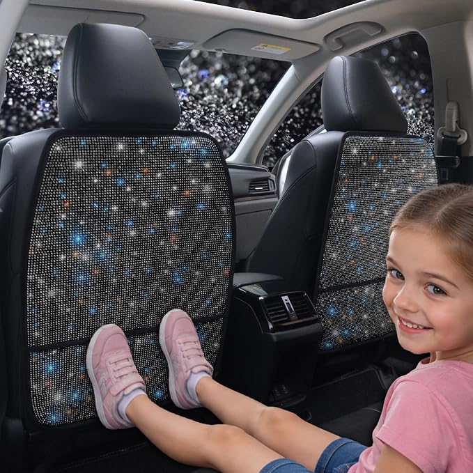 Diamond Bling Car Seat Kick Mats with Storage – Back Seat Protectors with Sparkly Rhinestones for Girls & Women, Crystal Kick Covers for Automotive Interior Accessories Black 2pcs