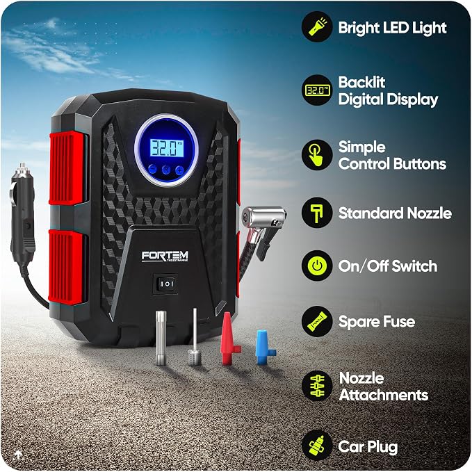 FORTEM Tire Inflator Portable Air Compressor, Air Pump for Car Tires and Bikes, Car Tire Pump w/Auto Shut Off, 150 PSI, 12V DC, LED Light, Carrying Case, for Men, Women