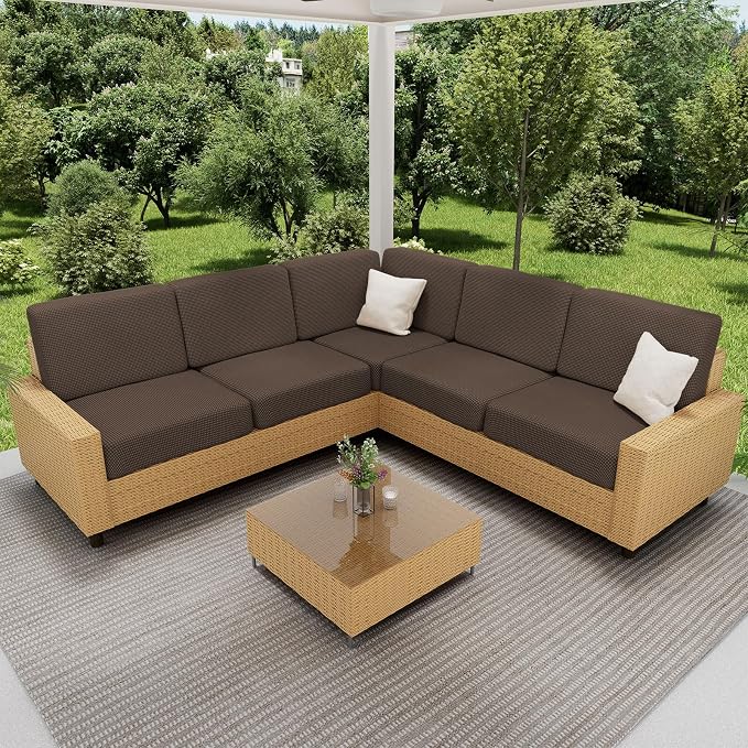 hyha Waterproof Couch Cushion Covers, Sectional Sofa Cushion Slipcovers L Shape, Thick Stretch Jacquard Fabric, Washable Chaise Lounge Cover with Elastic Bottom (1 Piece for Chaise, Coffee)