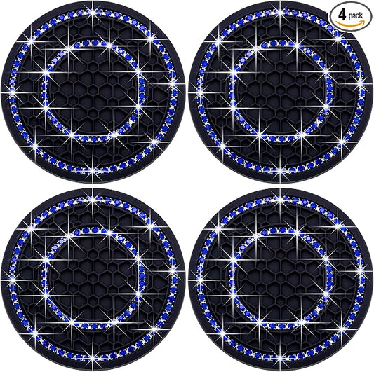 4PCS Bling Crystal Rhinestone Cup Holder Coaster, 2.75 inch Soft Silicone Anti-Slip Shockproof, Car Cup Holder Insert Coasters, Universal Car Interior Accessories for Women (Black & Blue)
