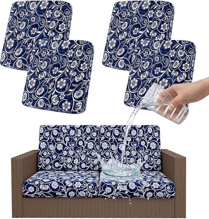Smiry Waterproof Patio Cushion Covers, Stretch Outdoor Couch Slipcovers Replacement Washable Furniture Protector Sofa Chair Seat Cover for Dogs and Pets (4 Pcs, Navy)