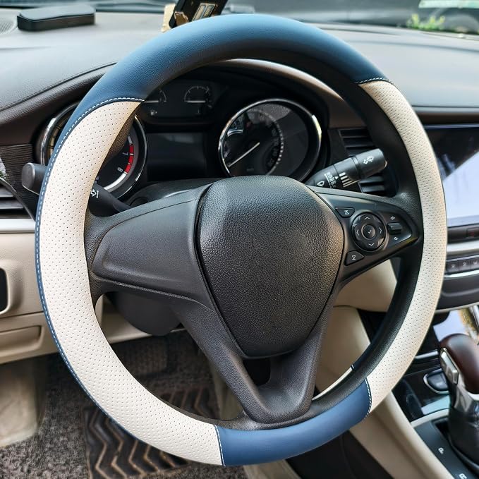 Breathable Perforated Leather Steering Wheel Cover, Universal 15-inch car Steering Wheel Grip, Soft and Comfortable, Breathable and Non-Slip, Suitable for sedans, Vans, SUVs (Blue)