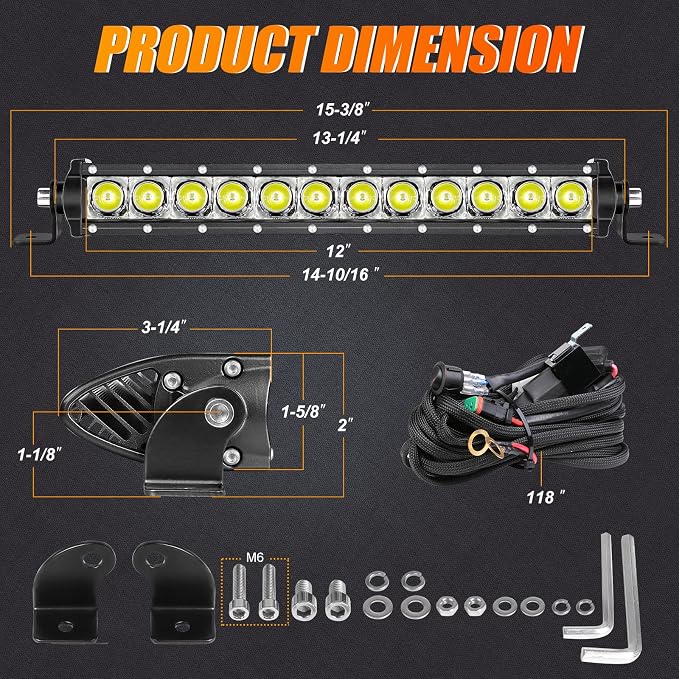 12 Inch Light Bar 2026 Upgraded, Lumimotor Single Row Slim LED Light Bar Spot Beam Off Road Light for Truck SUV F150 Ram Silverado UTV Polaris Can Am