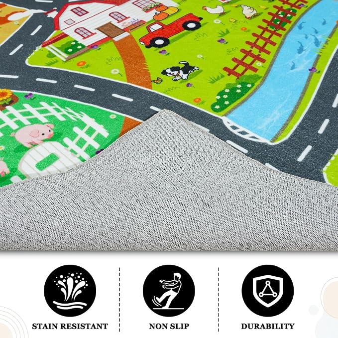 Car Rug Play Mat for Kids Toy Cars, 7' x 9' Town Country Barn Track Four Seasons Farm Theme Traffic Carpet, Non-Slip Washable Area Rug for Kids Room Bedroom Play Area, Fun Learning Rugs for Children