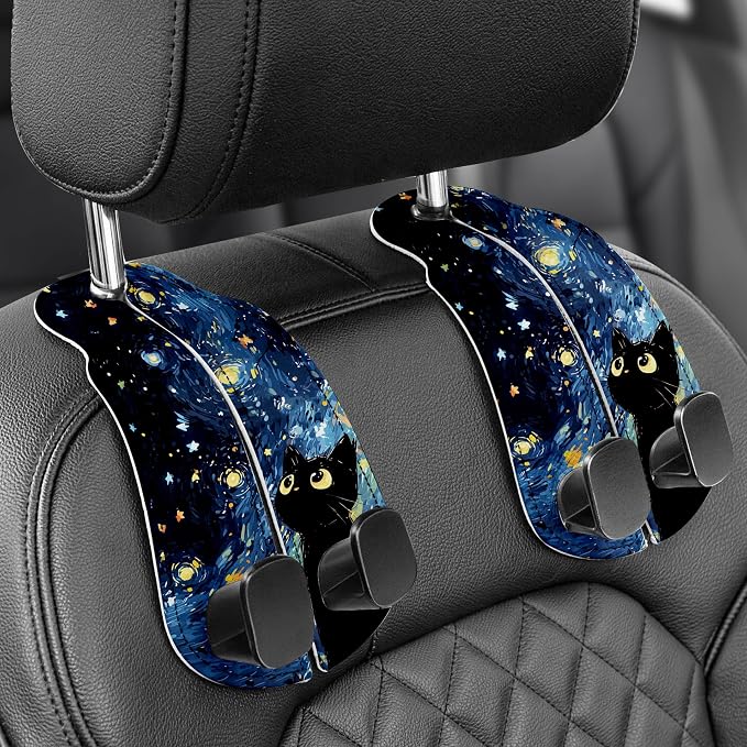 WOCOCN Purse Holder for Car, 2 Pack Heavy Duty Purse Hanger for Car, PU Leather Car Seat Hooks for Purses and Bags, Cute Blue Starry Sky Cat Headrest Organizer for Handbags & Backpacks