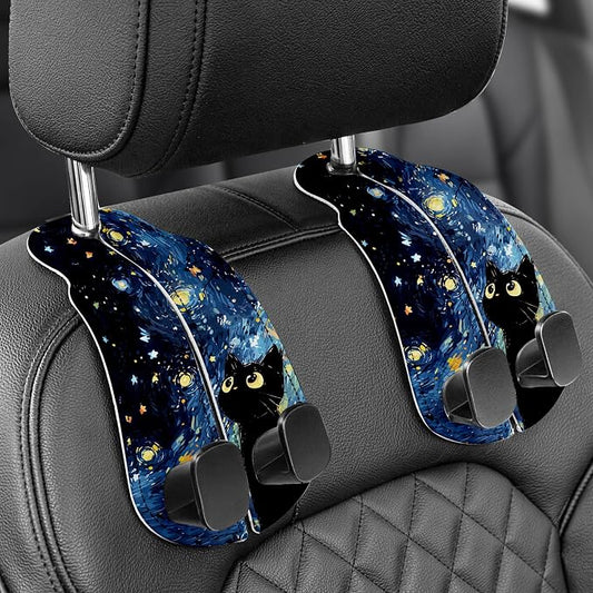 WOCOCN Purse Holder for Car, 2 Pack Heavy Duty Purse Hanger for Car, PU Leather Car Seat Hooks for Purses and Bags, Cute Blue Starry Sky Cat Headrest Organizer for Handbags & Backpacks