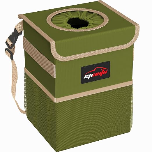 EPAuto Waterproof Car Trash Can with Lid and Pockets, 2.5 Gal, Green | Leakproof, Collapsible Multipurpose Car Bin with 3 Side Storage Pockets, Adjustable Straps