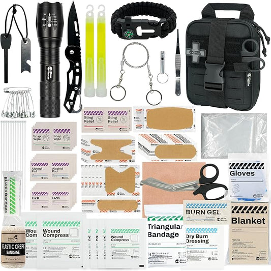 RHINO RESCUE Survival First Aid Kit for Hiking, Backpacking | Portable Size, IFAK Molle Pouch, Essential Outdoor Gear, 100+ First Aid Supplies, 20+ Survival Essentials, HSA/FSA Approved