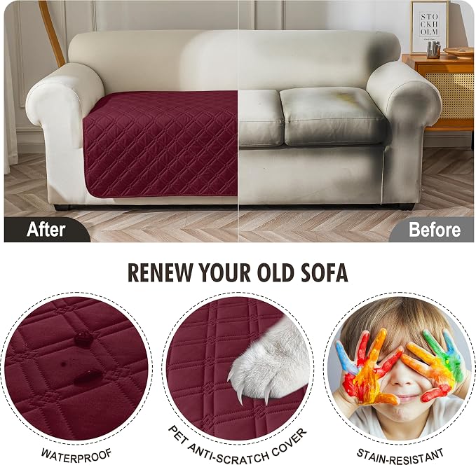 Genina Waterproof Couch Cover, Washable Anti-Slip 86.6 inch Sofa Covers with 4 Cushions, Sectional Couch Covers for Pets Friendly, Sofa Slipcovers for Dogs Cats, (86inch/Burgundy)