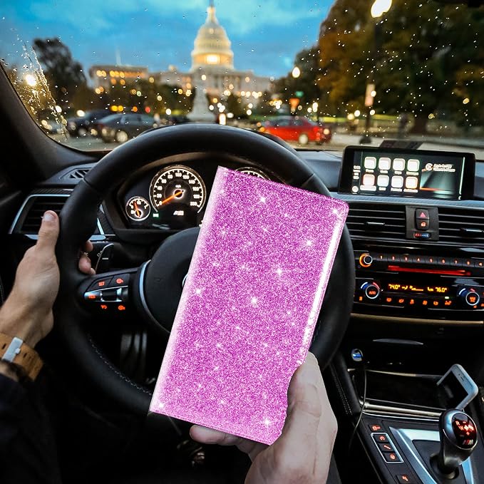 TOURSUIT Car Registration and Insurance Card Holder, Glitter Purple | Vehicle License Document Organizer, Glove Box Compartment, Interior Car Accessories, For Women Men