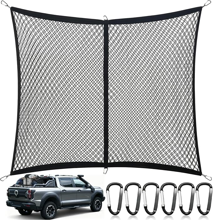 Cargo Net for Pickup Truck Bed, Double Layer, Highly Elastic | Stretchable 4"x4" to 7"x7", Truck Bed Net with 6 Metal Carabiners for Daily Light Loads of Trucks, Vans and SUVs