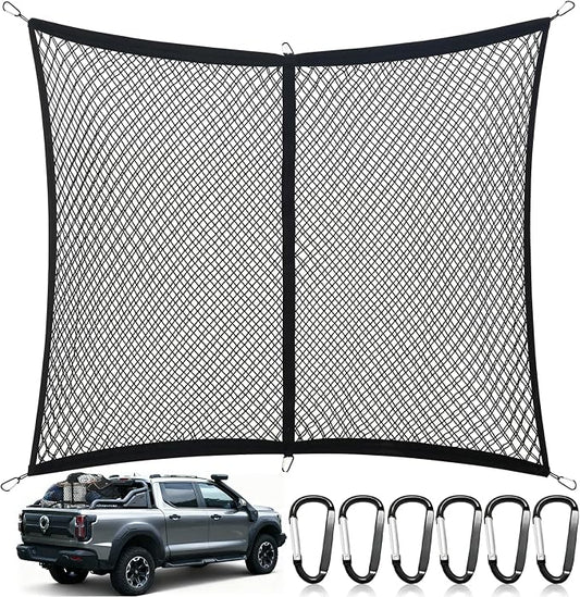 Cargo Net for Pickup Truck Bed, Double Layer, Highly Elastic | Stretchable 4"x4" to 7"x7", Truck Bed Net with 6 Metal Carabiners for Daily Light Loads of Trucks, Vans and SUVs