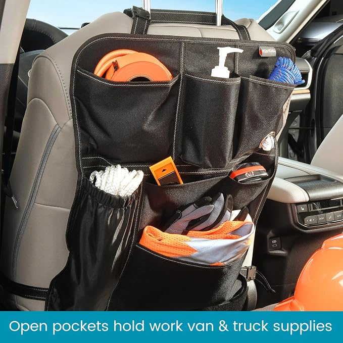 High Road Seatback Car Storage Organizer and Seat Protector with 7 Pockets | Back Seat Organizer for SUVs, Work Trucks and Vans with Utility and Dispenser Pockets