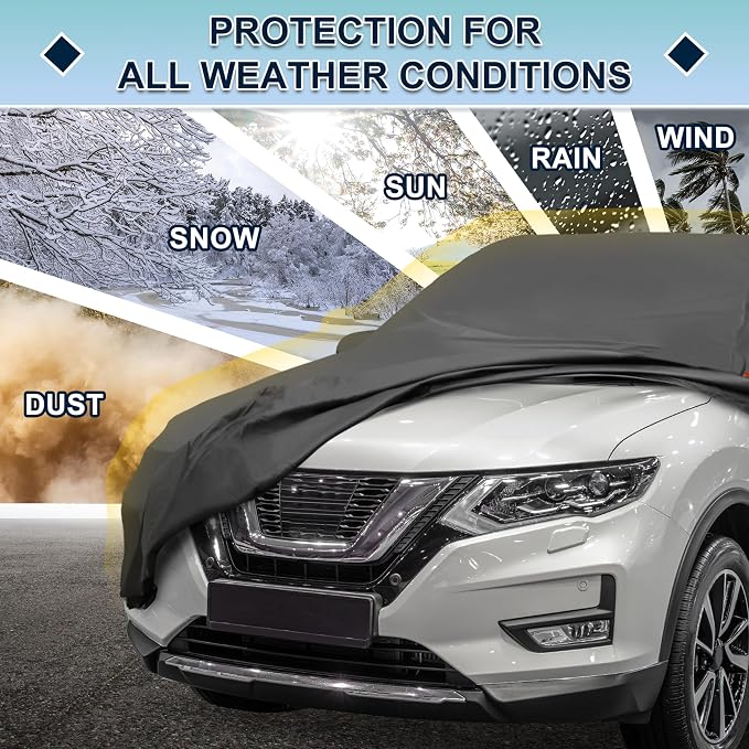 Black Heavy Duty Waterproof Car Cover for SUV 182"-190" - All-Weather UV Protected Outdoor Full Exterior Cover with Sun/Snow/Rain Resistance