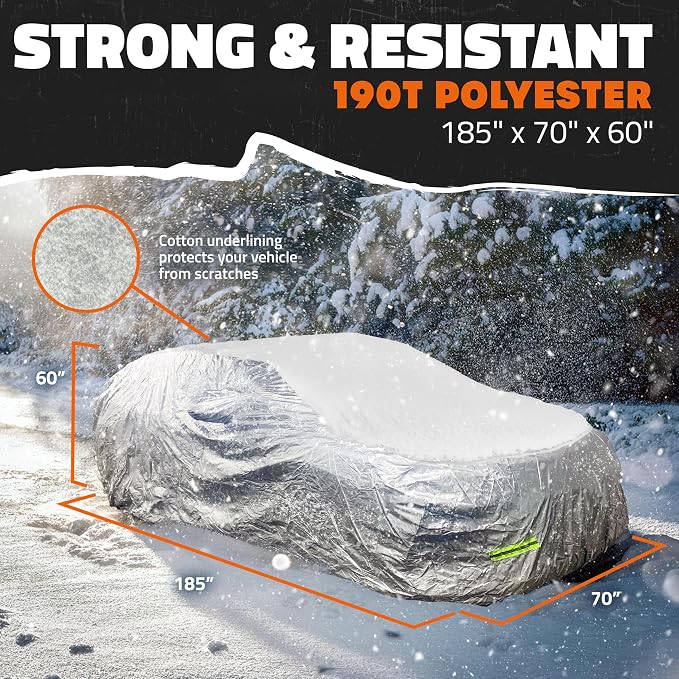 Mockins 185"x70"x60" Small Sedan Car Cover for Snow Frost UV & Light Rain | All Weather 190T Polyester Outdoor & Indoor Car Covers for Automobiles | Water-Resistant Full Exterior Covers with Strap