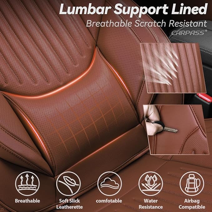 CAR PASS Luxury Nappa Leather Car Seat Covers Full Set, Lumbar Support Seat Covers for Car 5 Seats, Waterproof Car Seat Protector, Automotive Seat Covers Universal Fit for Most Sedans SUV Trucks Brown