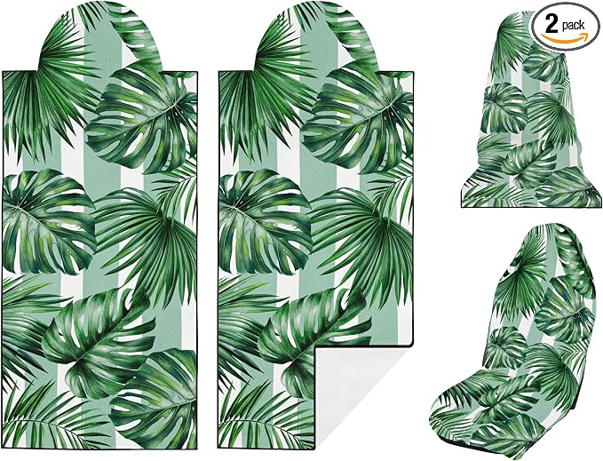 2 Pack Car Seat Towel Covers, Sweat Protector for Front Seats, Premium Thickened Microfiber with Palm Leaves, Breathable & Quick Dry, Slip-on Headrest Pocket for Gym Running Beach Universal Fit