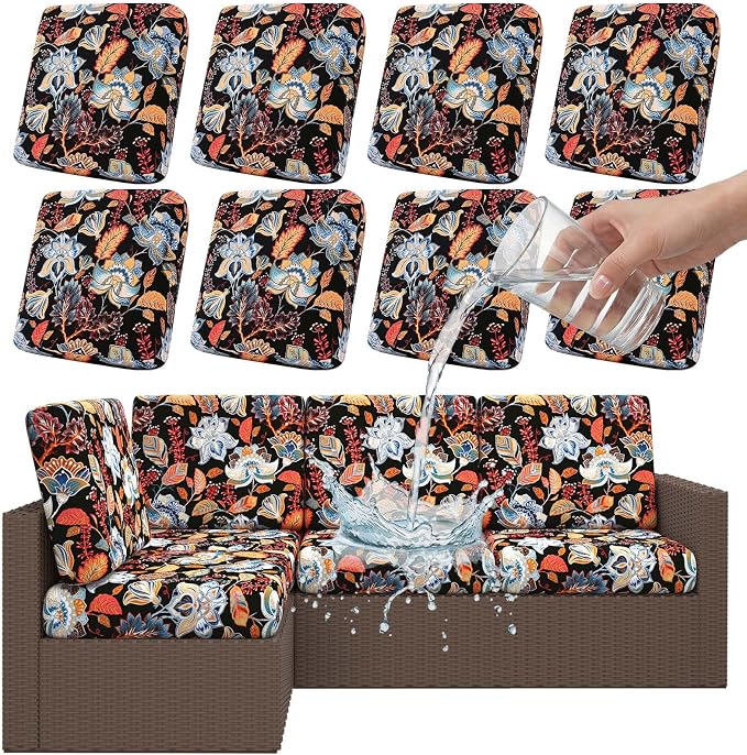 Smiry Waterproof Patio Cushion Covers, Stretch Outdoor Couch Slipcovers Replacement Washable Furniture Protector Sofa Chair Seat Cover for Dogs and Pets (8 Pcs, Black and Orange)