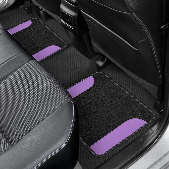 BDK Carpet Floor Mats for Cars, Two-Tone Carpet Car Mat with Faux Leather Accents, Automotive Floor Mat Sets with Built-in Heel Pad, Stylish Interior Car Accessories Purple