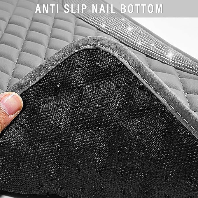 CAR PASS Bling Diamond Car Mats Gray Leather Floor Mats Sparkly Glitter Crystal Shining Rhinestone Carpet Anti-Slip Waterproof Pad Universal Fit for Automotive SUV Sedan Van 5pcs for Girl Women Gray