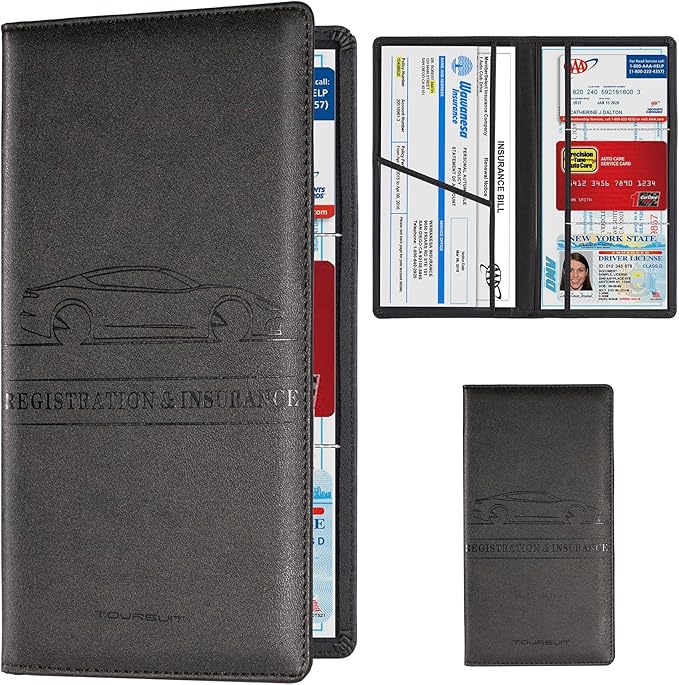TOURSUIT Car Registration & Insurance Card Holder, Black | Vehicle License Document Organizer, Glove Box Compartment, Interior Car Accessories, For Women Men