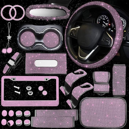25PCS Bling Car Car Accessories Set,15 Inch Steering Wheel Cover,Shiny License Plate Frame,Center Console Cover and Rearview Mirror Set and Other Car Accessories(Pink)
