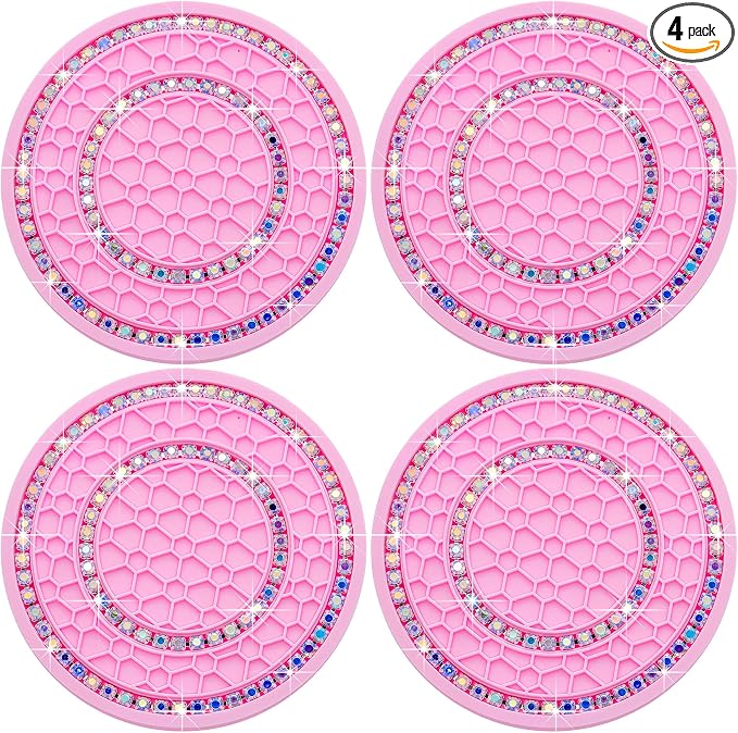 4PCS Bling Crystal Rhinestone Cup Holder Coaster, 2.75 inch Soft Silicone Anti-Slip Shockproof, Car Cup Holder Insert Coasters, Universal Car Interior Accessories for Women (Pink & Colorful)