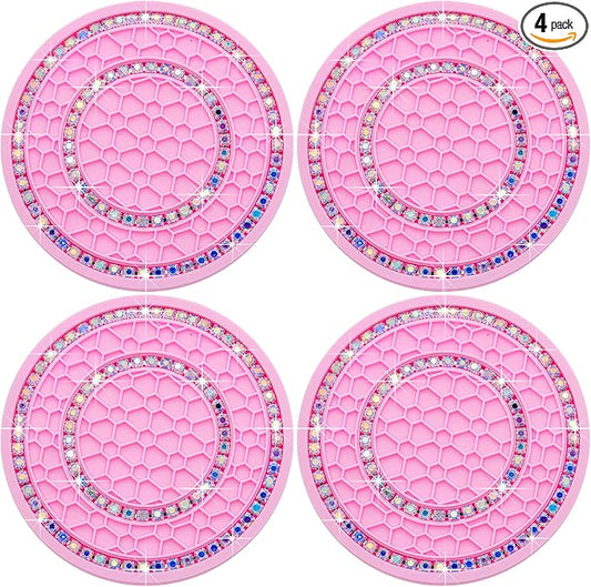4PCS Bling Crystal Rhinestone Cup Holder Coaster, 2.75 inch Soft Silicone Anti-Slip Shockproof, Car Cup Holder Insert Coasters, Universal Car Interior Accessories for Women (Pink & Colorful)