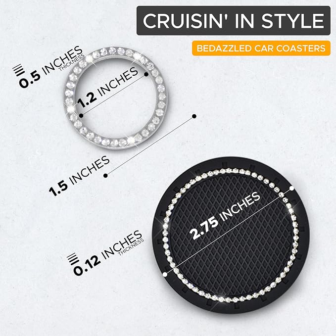 EcoNour Bling Cup Holder Insert (2 Pack) with Push Start Button Ring (1 Pack) | 2.75 Inch Silicone Coaster Pad and 1.5 Inch Ring with Elegant Crystal Rhinestone | Car Interior Accessories (Black)