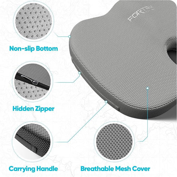 FORTEM Seat Cushion, Office Chair Cushion, Memory Foam Car Seat Cushions, Sciatica Coccyx Tailbone Pain Relief, Chair Cushions for Back Support, Sitting Pad for Gaming, Washable Cover, Non Slip