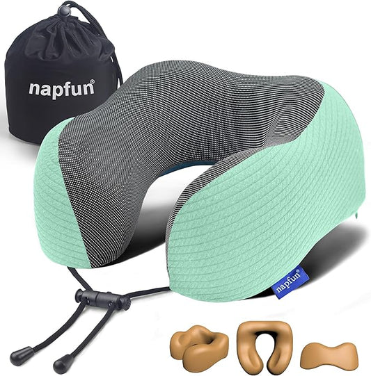 napfun Neck Pillow for Traveling, Upgraded Travel Neck Pillow for Airplane 100% Pure Memory Foam Travel Pillow for Flight Headrest Sleep, Portable Plane Accessories, Turquoise