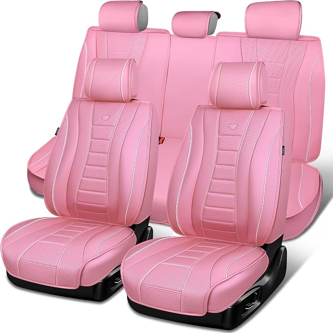 CAR PASS Nappa Leather Car Seat Covers Full Set, Pink Seat Covers, 3D Foam | Luxury Waterproof Universal FIT Piping Leather Car seat Cover Full Set, 3D Foam Breath Perforated leather seat covers