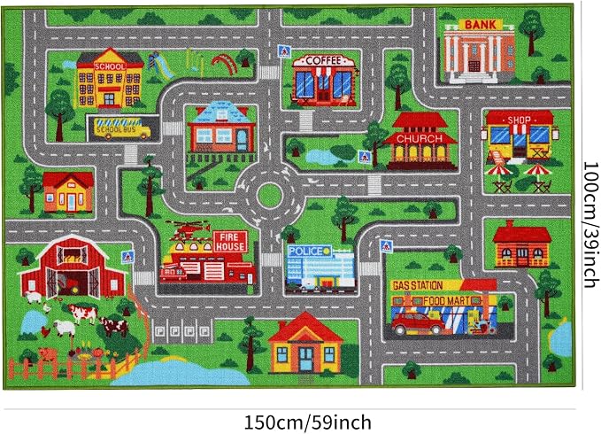 Kids Carpet Playmat Rug 59"x39.4", Car Rug for Kids Cars, Non-Slip Town City Road Map Kids Rugs for Playroom Bedroom Boys, Kids Cars Play Mat Track Road Rugs for Kid(59X39.4Inch,Green)