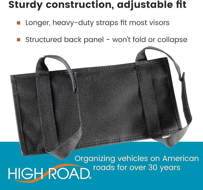 High Road Car Visor Organizer with Secure Zip Pockets, Sunglasses Holder and Clear Registration and Insurance Pocket - Heavy Duty Straps Fit Most Car, SUV and Truck Visors