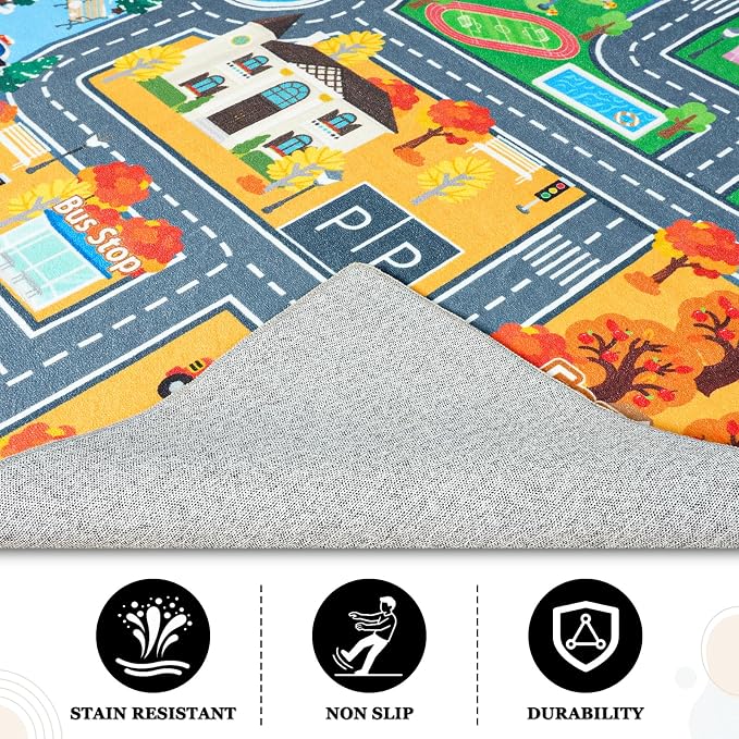 Car Rug Play Mat for Kids Toy Cars, 7' x 9' City Road Town Track Four Seasons Traffic Carpet, Non-Slip Washable Area Rug for Kids Room Bedroom Classroom Play Area, Fun Learning Carpet for Children