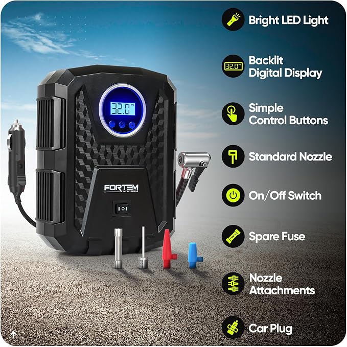 FORTEM Tire Inflator Portable Air Compressor, Air Pump for Car Tires and Bikes, Car Tire Pump w/Auto Shut Off, 150 PSI, 12V DC, LED Light, Carrying Case, Perfect For Men, Women