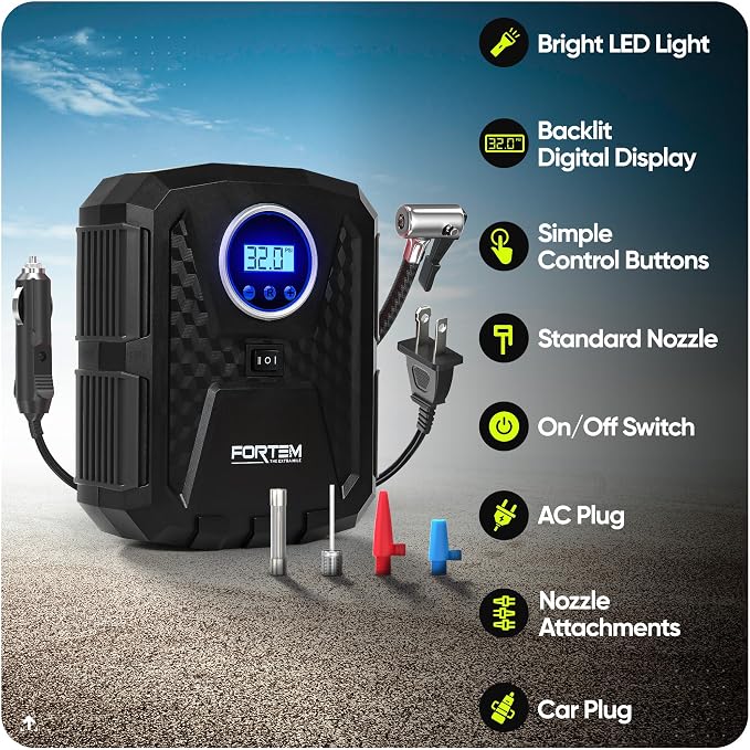 FORTEM Tire Inflator Portable Air Compressor, Air Pump for Car Tires and Bikes, Car Tire Pump w/Auto Shut Off, 150 PSI, 110V AC 12V DC, LED Light, Carrying Case, Perfect For Men, Women