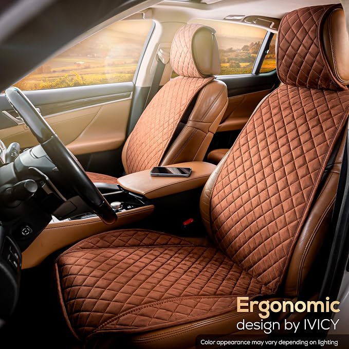 IVICY Faux Suede Front Car Seat Cover – Non-Slip Bucket Seat Protector for Most Cars, SUVs, Vans & Trucks – 1 Seat Cover, Machine Washable, Side-Airbag Friendly, Brown