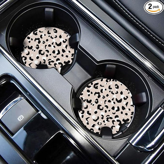 WOCOCN Cute Cup Holder Coasters for Your Car with Fingertip Grip, Auto Accessories for Women & Men,Pack of 2(White Leopard)