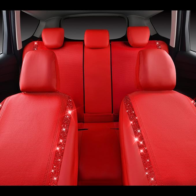 CAR PASS Bling Diamond Car Seat Covers Full Set, Shining Rhinestone Waterproof Faux Leather, Rear with Zipper, Universal Fit Automotive Glitter Crystal Sparkle Strips for Cute Women Girl, Red