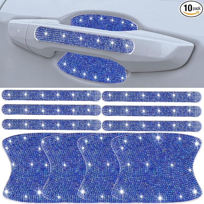 NBTEPEM 10 Pcs Bling Rhinestone Car Door Handle Stickers, Universal Crystal Diamond Glitter Door Handle Protector Decals, Scratch‑Resistant Bling Car Accessories for Women (Blue)