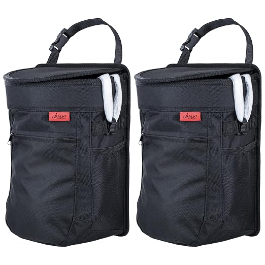 Lusso Gear Spill-Proof Car Trash Can (2.5 Gal, 2 Pack) - Easy to Clean Hanging Garbage Bin - Leak-Proof Lid, Removable Liner, Waterproof - Keeps Truck, SUV, Car, Minivan Clean & Odor Free (Black)